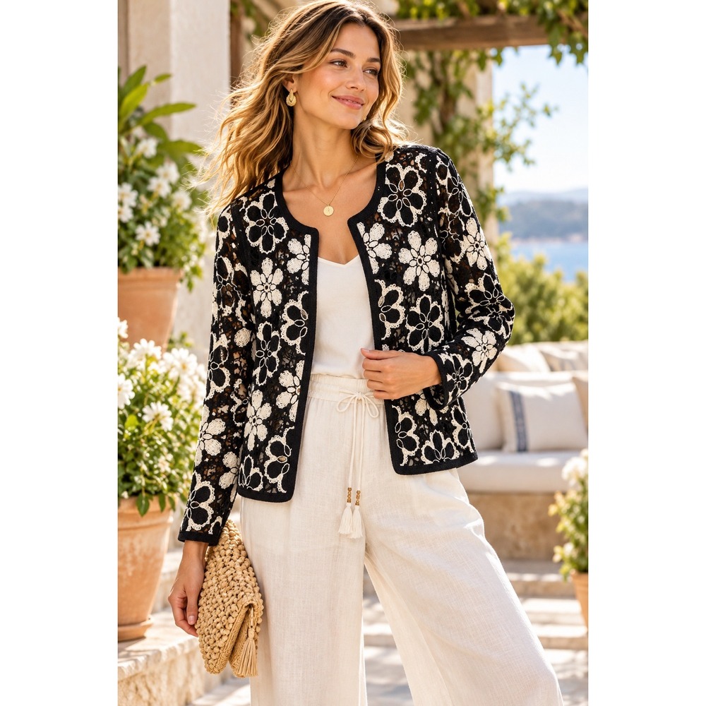 BOSTON PROPER Black White Floral Crochet Lace Jacket Cardigan Open Front Small